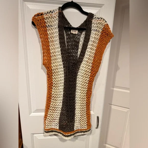 BiBi Women's V-Neck Sweater in Orange, Brown, and Cream - Picture 1 of 6